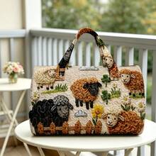 1pc Cream Color Quilted Round Handbag With Sheep Fence Sunflower Clover Pattern Farm Style Gift Thanksgiving Farm Decor - Multicolor - View 2