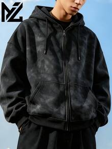 Men's Hooded Zip-Up Sweatshirt Jacket, Drop Shoulder Winter Fleece Hoodie, Black & Grey Tie-Dye Washed Kangaroo Pocket Casual Jacket, Outdoor Sports Commuter Sweatshirt - Black - View 3