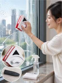 3/2/1pc Magnetic Double Sided Window Cleaner, Triangular Glass Cleaning Tool For 3‑8mm Glass, Strong Magnet Anti‑Pinch Window Squeegee With Sponge & Rope, ABS Household Glass Washing Tool For High Rise Windows - Multiple Styles - View 1