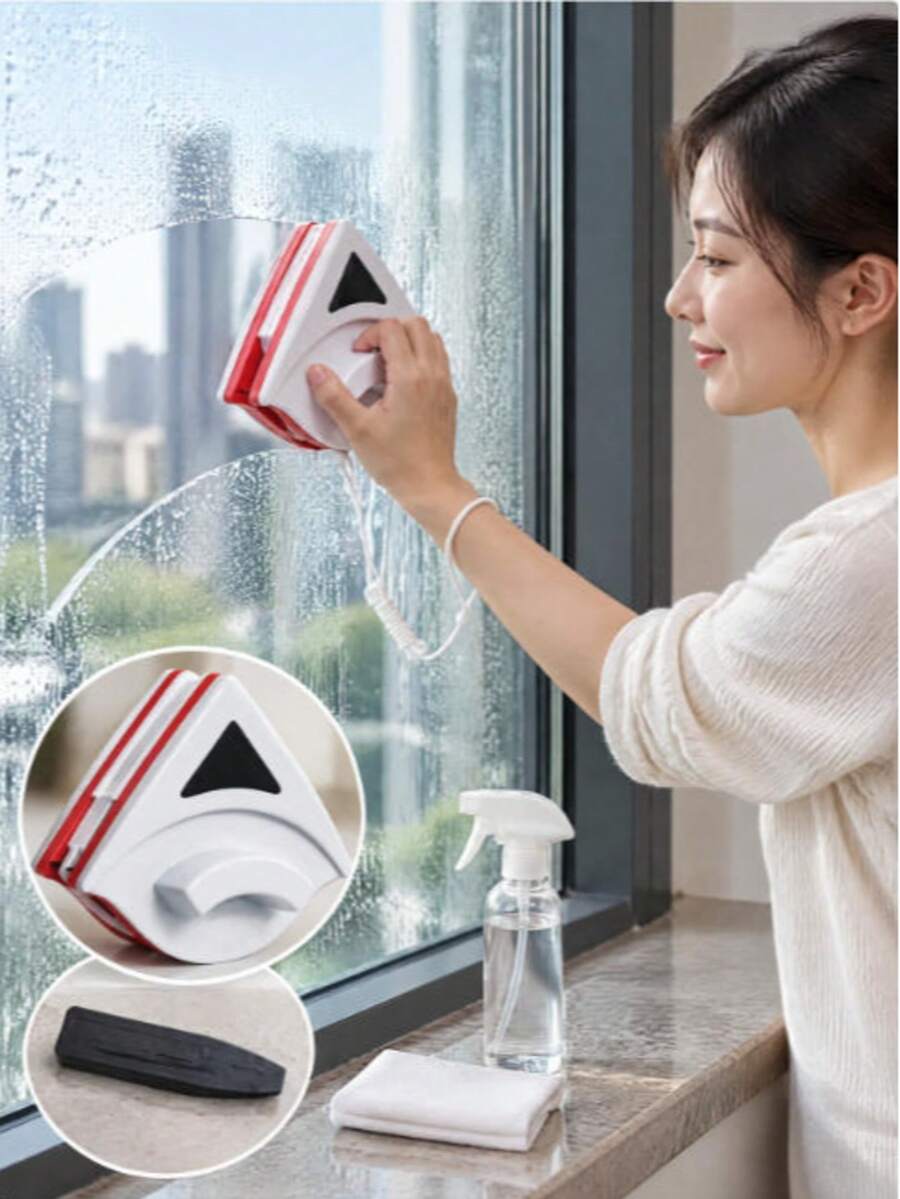 3/2/1pc Magnetic Double Sided Window Cleaner, Triangular Glass Cleaning Tool For 3‑8mm Glass, Strong Magnet Anti‑Pinch Window Squeegee With Sponge & Rope, ABS Household Glass Washing Tool For High Rise Windows - Multiple Styles - View 1