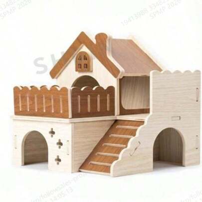 Wooden Hamster Hideout House For Pet Hamsters, Golden Hamster Large Villa Double-Layer Sleeping Nest, Solid Wood Peeking House
