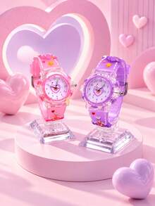 Girls Heart-Shaped Dual-Movement LED Glowing Quartz Watch, Cute Fashion Children Student Wristwatch, Daily Wear Accessory, Birthday Christmas Gift - Pink - View 2