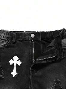 Boys Printed Casual Elastic Waist All Season Denim Jeans - Black - View 4