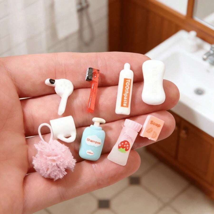 1 Set 9pcs Mini Bathroom Decor Accessories Kit, Shampoo, Bath Ball (Random Color), Toothpaste, Toothbrush, Soap Exquisite Simulation Model, Suitable For Dollhouse Decoration, Collection, Halloween, Christmas, Easter Gifts - Multicolor - View 1