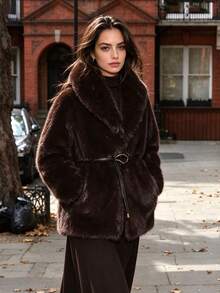 THREADLY Autumn/Winter New Faux Fur Effect Mid-Length Thick Warm Coat Jacket With Belt Brown - Brown - View 1