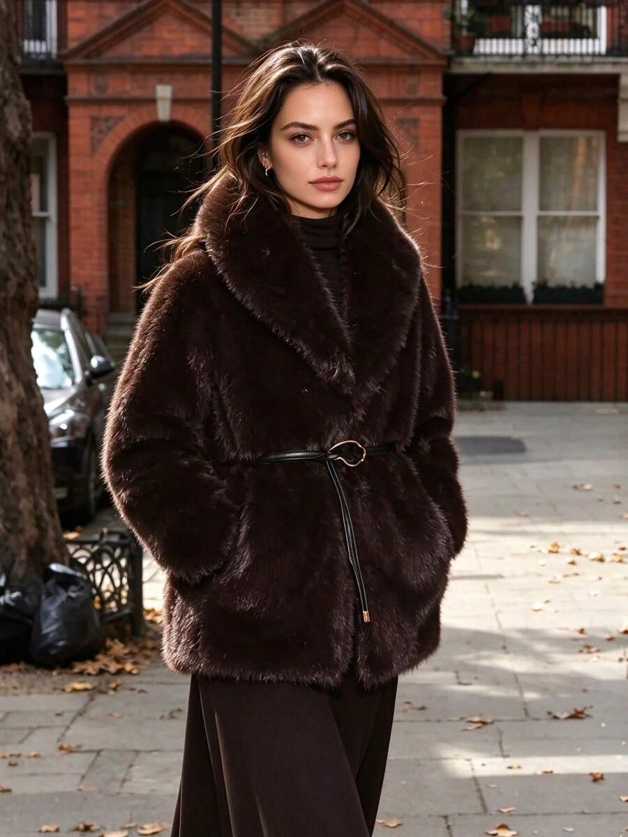 THREADLY Autumn/Winter New Faux Fur Effect Mid-Length Thick Warm Coat Jacket With Belt Brown - Brown - View 1