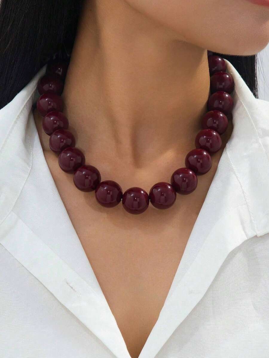 Mydear 1pc Vintage Geometric Resin Beaded Necklace, Brown Tone, Suitable For Women's Daily And Party Wear - Round Bead Necklace - View 1