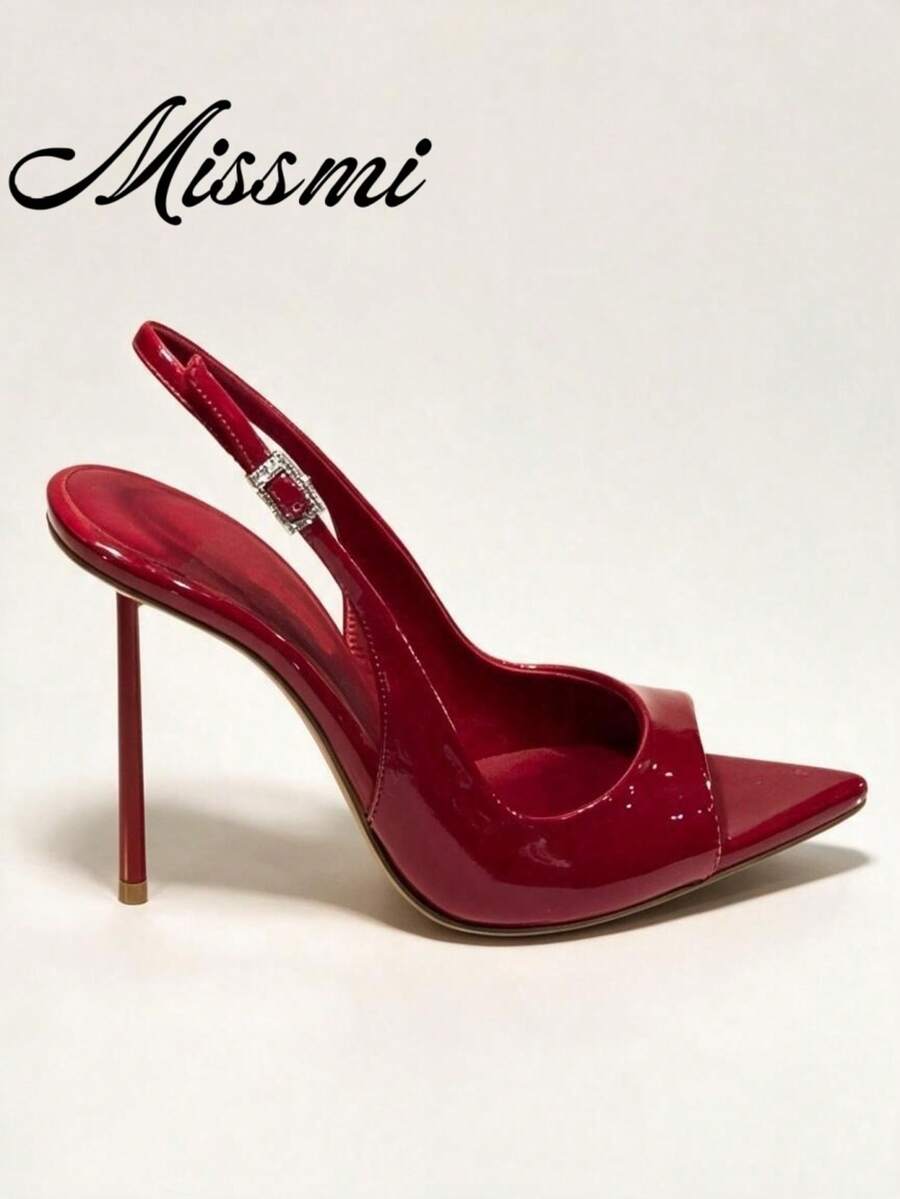 Tacones de aguja rojos con punta puntiaguda para mujer, nuevo estilo primavera 2026, vamp bajo, hebilla de strass, sin talón, zapatos de salón sexys - Rojo - Ver 1