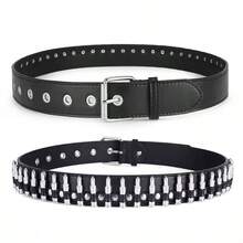 1pc Unisex Black Studded Belts, Punk‑Inspired Design Adorned With Fashionable Stud Embellishments And Multi-Row Eyelet Holes - ZD01 02 - View 5