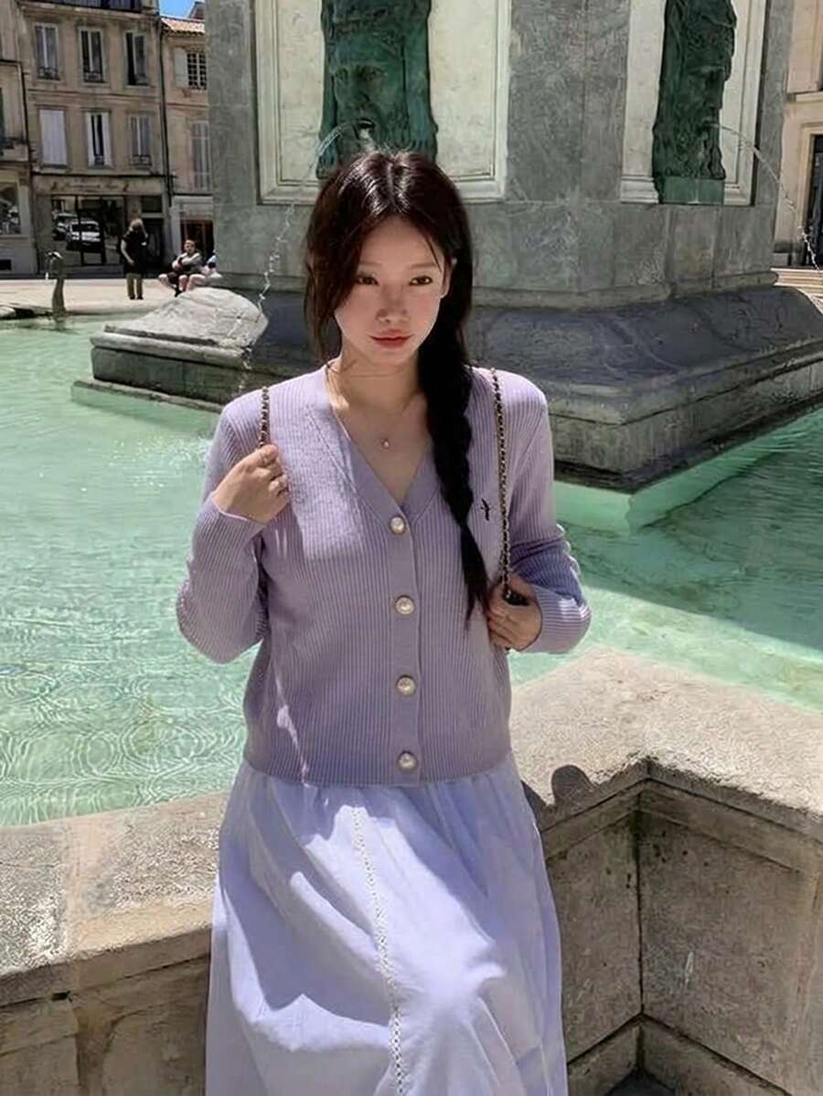 Ribbed V-Neck Sweater Cardigan, Long Sleeve Button Front, Relaxed Fit, Embroidered Detail, Light Purple, Casual Chic Fall Layering Top - Mauve Purple - View 1