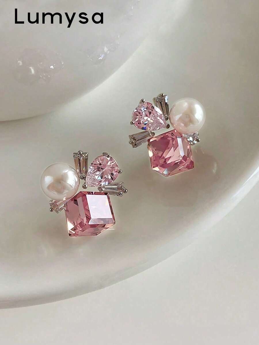 1 Pair French Fashion Faux Pearl Glass Stud Earrings Suitable For Women's Daily Wear, Party And Gathering