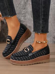 Vintage Plaid Metal Buckle Loafers, Faux Woven Wedge Platform Slip-On Lightweight Casual Shoes For Home - Black - View 3