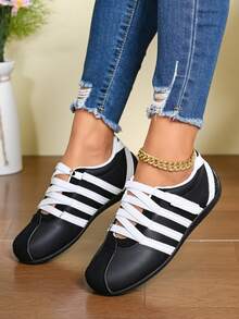 Women's Striped Colorblock Hook & Loop Casual Sports Shoes, Round Toe, Breathable, College Style, Versatile, All-Season - Black - View 3