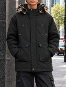 Men's Winter Hooded Padded Coat, Solid Color, Pockets, Regular Fit, Long Sleeve - Black - View 1