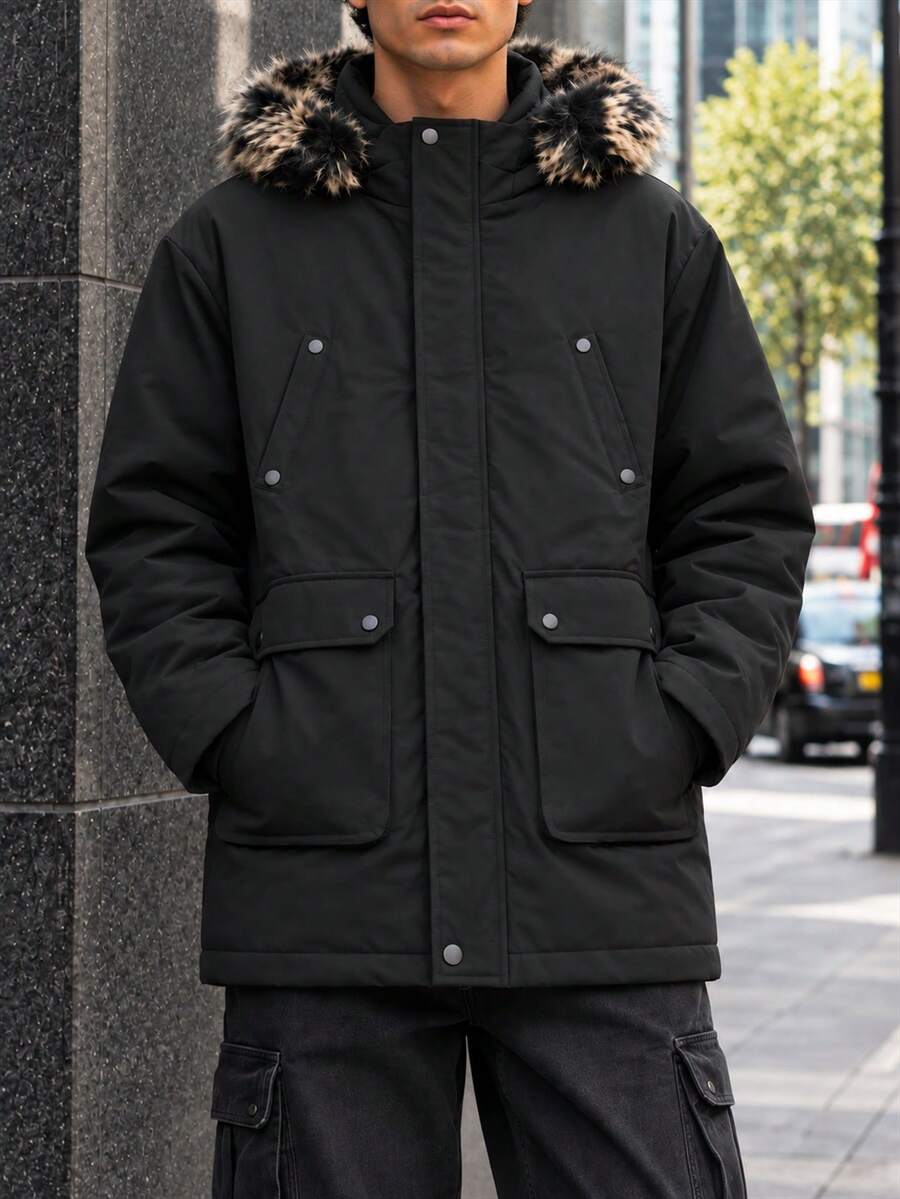 Men's Winter Hooded Padded Coat, Solid Color, Pockets, Regular Fit, Long Sleeve - Black - View 1