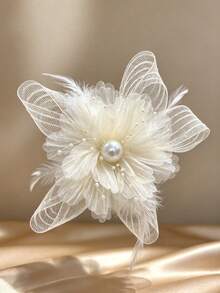 1pc Women's 3D Silk Mesh Flower Pearl Beaded Hair Clip, Faux Feather Bridal Hair Accessory For Wedding And Party - Multicolor - View 6