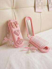 1 buah Sisir Lipat Pink dengan Cermin, Sisir Mini Lucu untuk Perjalanan dengan Hiasan Pita Berlian Imitasi, Hati, Angsa, dan Gantungan Kunci Mutiara, Sisir Saku Lipat Portabel, Cocok untuk Wanita, Hadiah Alat Penata Rambut Gaya Kawaii Y2K - MultiWarna - View 4