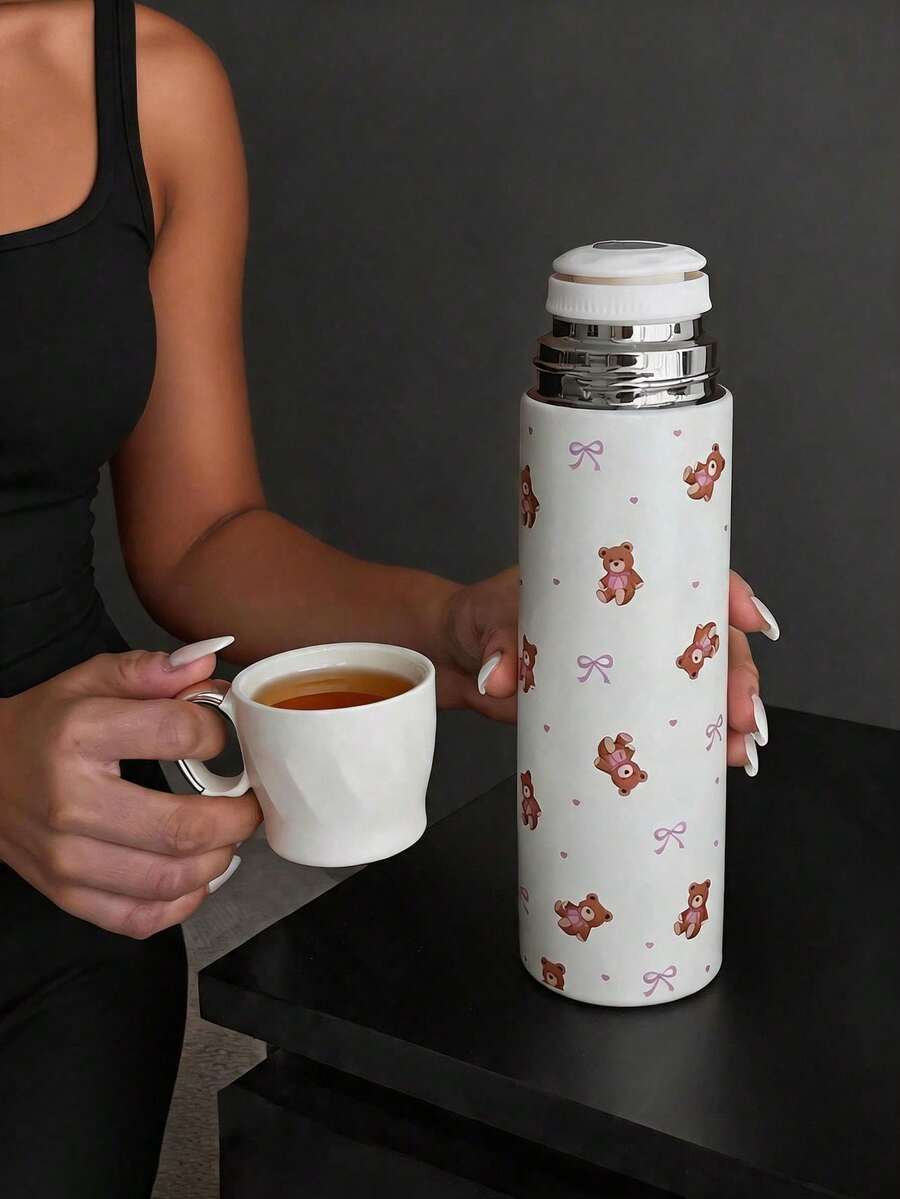 1pc 500ml/16.91oz Teddy Bear Series Insulated Cup, Cold-Preserving Cup With Drinkable Lid, Original Double-Wall Stainless Steel Water Bottle, Vacuum Flask Travel And Outdoor Cup, Gym And Outdoor Sports Cup, Flat Bottom Cup, Car Cup, Winter And Summer Drinkware, Holiday Gift, Birthday Gift - Multicolor - View 1