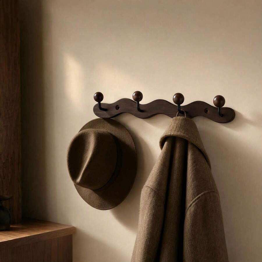 Solid Wood Wall-Mounted Entryway Coat Rack, Creative Clothes And Hat Hook, No-Drill Installation - Brown - View 1