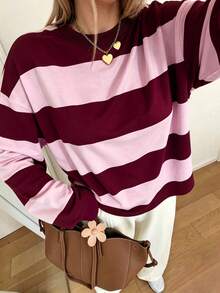 酒紅與粉色條紋長袖T恤，返校季Y2K時尚秋季女款休閒圓領長袖上衣 - 彩色 - 查看 3