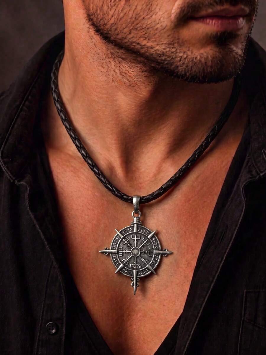 1pc Nordic Viking Compass Necklace, Antique Bronze Rune Totem Stainless Steel Pendant With Black Braided Leather Cord, Personalized Men's Accessory - Multicolor - View 1