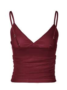 Women's Solid Color Ruched Mesh Patchwork Sheer Spaghetti Strap Cropped Sexy Top Spring/Summer/Autumn - Burgundy - View 7