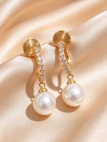 1Pair Pain-Free Coil Cushion Clip-On Earrings, Faux Pearl & Zirconia Drop Design, Luxury High-End Style, Versatile For Commute, Work & Dating - Clip - View 6