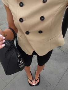 DEEKA Autumn New Women's European And American Style Fashion Minimalist Versatile Double-Breasted Short Sleeve Jacket - Khaki - View 2
