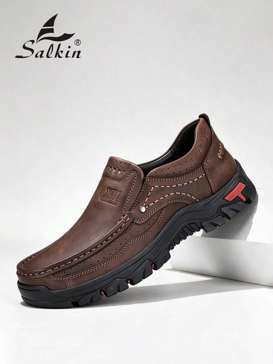 Salkin Luxury Designer Handmade Moccasin Loafers For Men, Casual Leather Shoes, Non-Slip Breathable Driving Shoes, Suitable For Outdoor Walking In Spring, Summer, Autumn,Small Sized - Please Order One Size Up - Coffee Brown - View 1