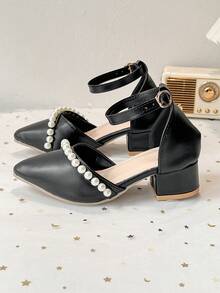 3-12 Years Old Girls Black Pearl Head Thick Heel Sandals One Strap Princess Shoes Party Performance Dress Shoes - Black - View 4