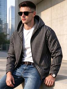 Men's Vintage Checkerboard Hooded Business Old Money Style Casual Jacket - Black - View 1