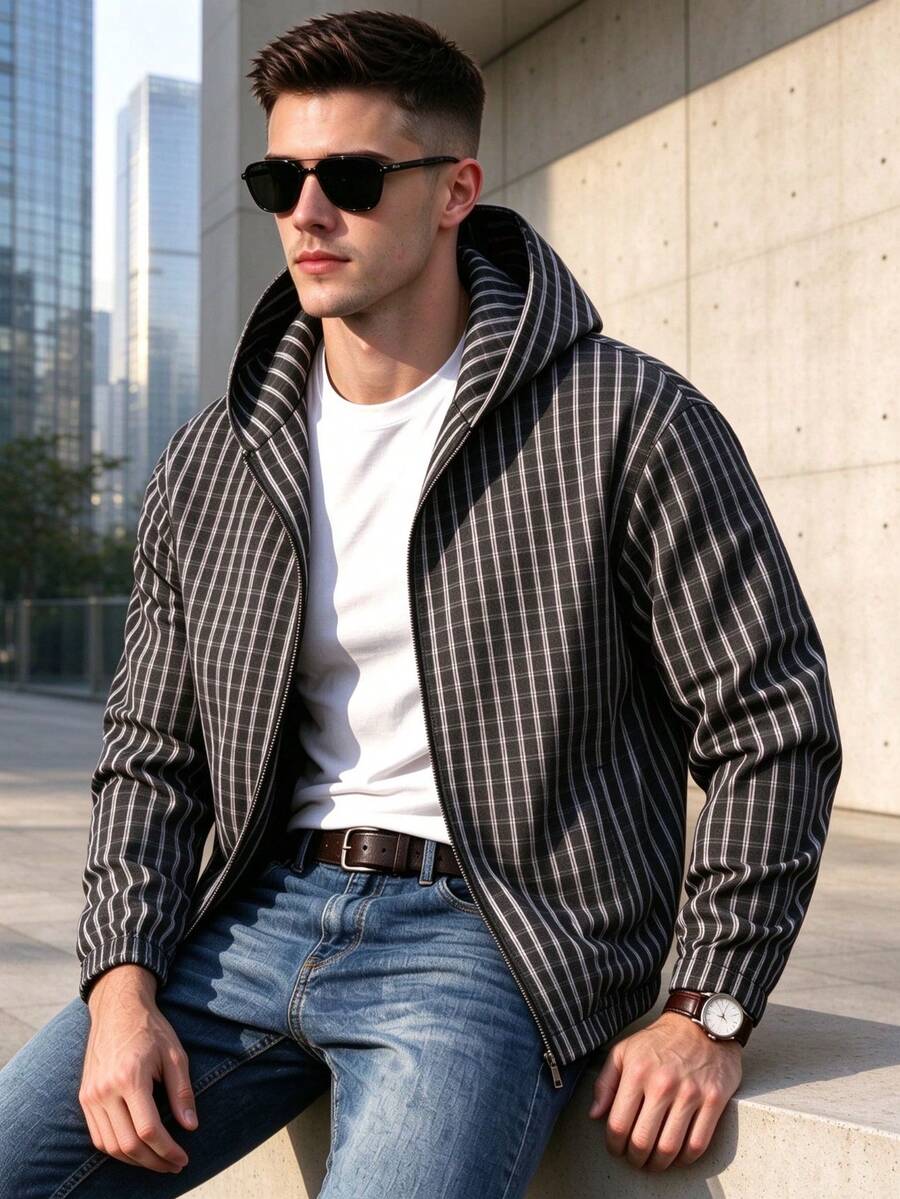Men's Vintage Checkerboard Hooded Business Old Money Style Casual Jacket - Black - View 1
