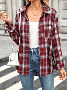 Women's Autumn Brushed Plaid Front Button Pocket Button-Down Home Shirt - Red - View 2
