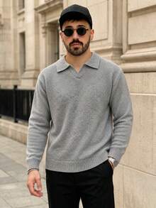 Lookun Sweater Polo Pria Kerah Kecil, Atasan Lengan Panjang Leher V, Gaya Kasual untuk Komuter Musim Gugur/Dingin - Grey - View 2