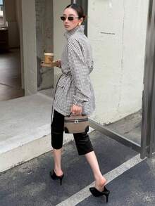 Women's Plaid French Style Stand Collar Trench Coat, Fashion Commute, French Elegant, Cinched Waist, Suitable For Daily Autumn/Winter Layering And Versatile - Black and White Checkered - View 9