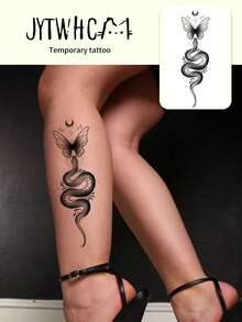 Waterproof Temporary Tattoo,1 Sheet Paper Material Y2K Dark Style Butterfly Snake With Moon Pattern,Black Line Delicate Design,Long Lasting Fake Body Tattoo Stickers,Unisex Body Art Decor For Arm,Thigh,Back,Wrist For Daily Party Decoration - Black - View 4