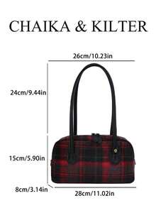 CHAIKA & KILTER 1件裝純色麂皮布料女款復古時尚啞光保齡球包，對比色絎縫縫線、雙手柄設計、拉鍊開合，適合日常與街頭使用 - 紅色 - 查看 3