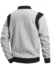 Men's Spring/Autumn Ribbed Patchwork Textured Jacquard Baseball Collar Zip-Up Sweatshirt, Casual Versatile - Grey - View 4