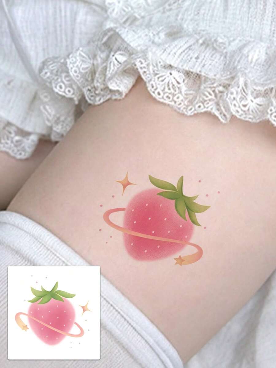 1 Sheet Cute Planet Strawberry Temporary Tattoo Stickers, Soft Gradient Fruit Star Sparkle Fake Tattoos For Thigh Arm, Waterproof Body Art Decals For Girls Sweet Daily Decor - Multicolor - View 1
