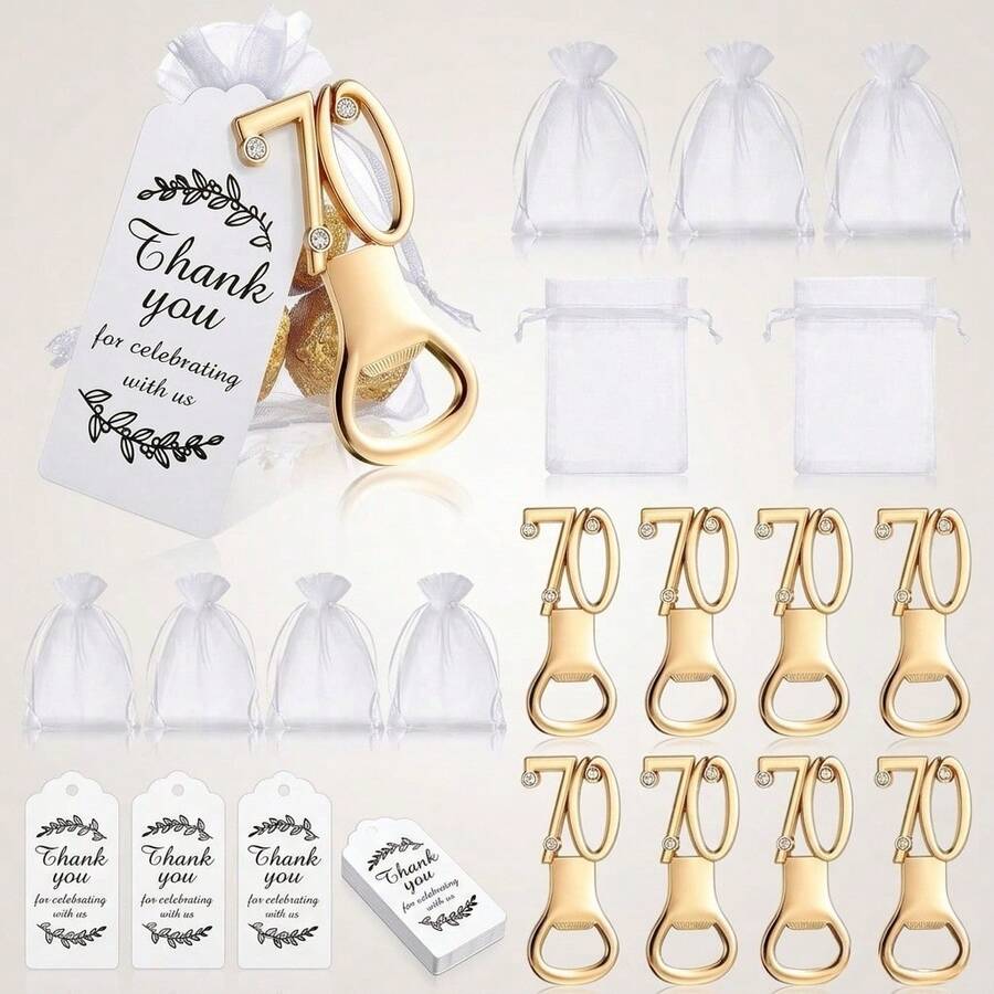 70th Birthday Party Favor Bottle Opener, Gold Number 70 Rhinestone Beer Bottle Opener With Thank You Tag And Organza Bag, 70th Birthday Guest Souvenir Gift - Multicolor - View 1