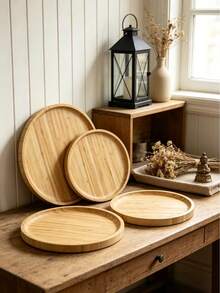 1pc Round Bamboo Wood Storage Tray, Multi-Functional Home Decor Tray, Suitable For Coffee Cups, Jewelry, Glasses, Watches, Perfect For Kitchen, Home Decor, Holiday Party Storage - Beige - View 7