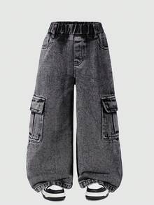 Wide Leg Denim Jeans For Toddlers, Charcoal Graphite Marble Black With Pockets, Unique, Fashionable, Streetwear - Black - View 2