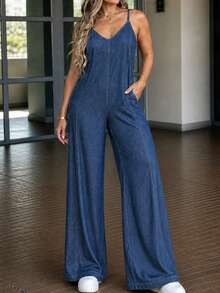 GLAMSKIN Fall Winter Women Denim Spaghetti Strap Jumpsuit,V‑Neck Contrast Stitching Wide Leg Jumpsuit With Pockets Casual Sleeveless Overall - Blue - View 1