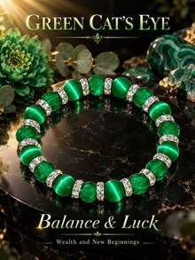 Light Luxury Emerald Cat Eye Crystal Bracelet, Vintage Floral Rhinestone Rotating Charm, Elastic Cord Bracelet, Forest Vintage Style Stackable Jewelry, Anniversary Gift For Girlfriend And Mother - Multicolor - View 6