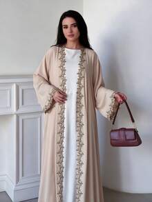 1pc Open Abaya, Solid Color Lace Design, Breathable, Skin-Friendly, Fashionable, Classic, Versatile, Suitable For Muslim Women, All Seasons - Multicolor - View 12