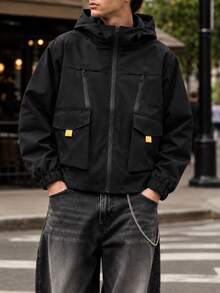 Men's Black Cargo Style Style Hooded Jacket With Yellow Woven Label Decoration, Multi-Pocket Drawstring Hood Casual Outerwear, Standard Fit, Long Sleeve - Black - View 1