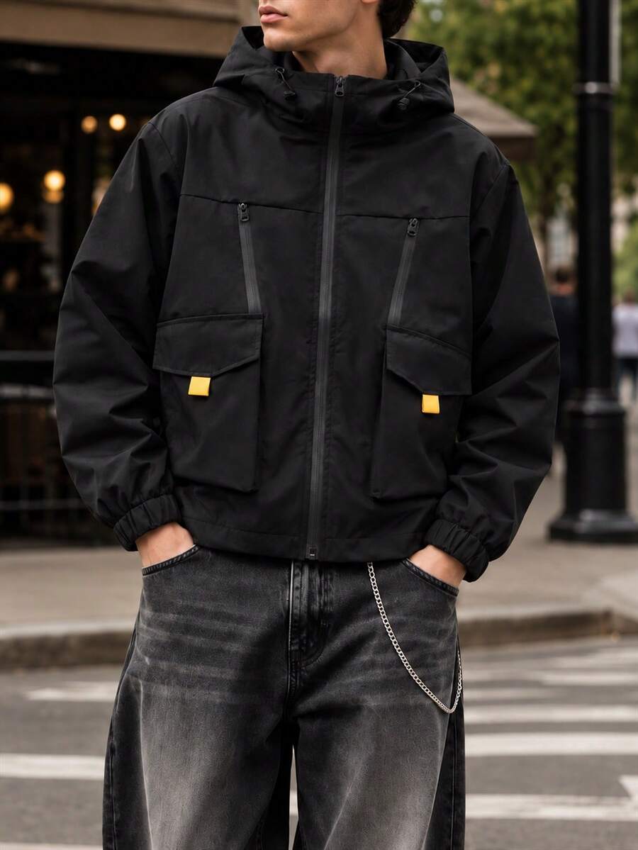 Men's Black Cargo Style Style Hooded Jacket With Yellow Woven Label Decoration, Multi-Pocket Drawstring Hood Casual Outerwear, Standard Fit, Long Sleeve - Black - View 1