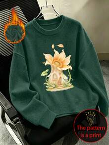 Plus-Size Women's Knitted Sweater Imitation, Fairy Tale Sunflower Cottage Print, Casual And Simple, Autumn And Winter Top, Perfect For Everyday Wear. - Dark Green - View 1