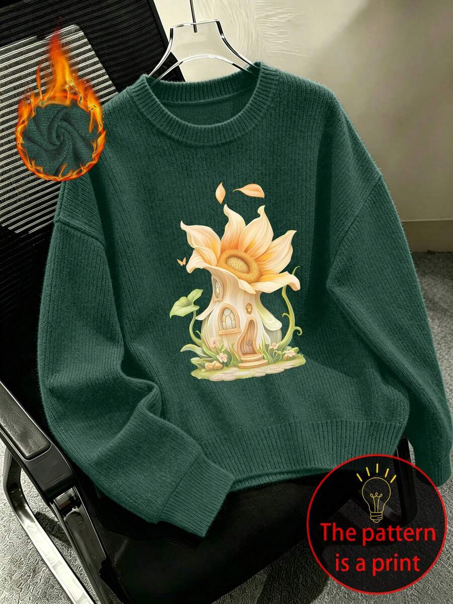 Plus-Size Women's Knitted Sweater Imitation, Fairy Tale Sunflower Cottage Print, Casual And Simple, Autumn And Winter Top, Perfect For Everyday Wear. - Dark Green - View 1