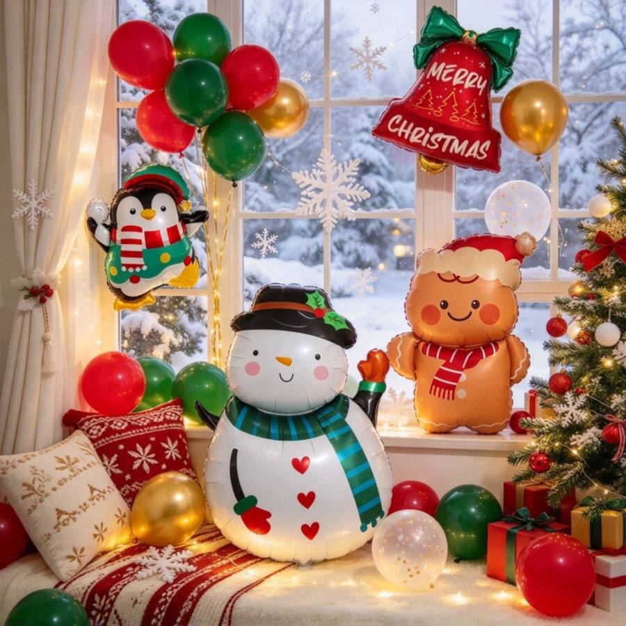 Christmas Foil Balloon Set, Penguin Snowman Bell Gingerbread Man Mylar Balloons, Xmas Character Balloon Pack For Home Party, New Year Celebration, Photo Booth Backdrop Decor - View 1
